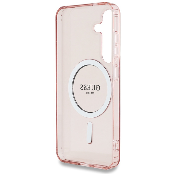 Guess Glitter Circle Classic Logo MagSafe Hülle für Samsung Galaxy S25 rosa