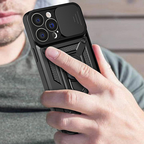 Hybrid Armor Camshield Hülle für Vivo Y16 / Vivo Y02s gepanzerte Hülle mit Kameraabdeckung schwarz