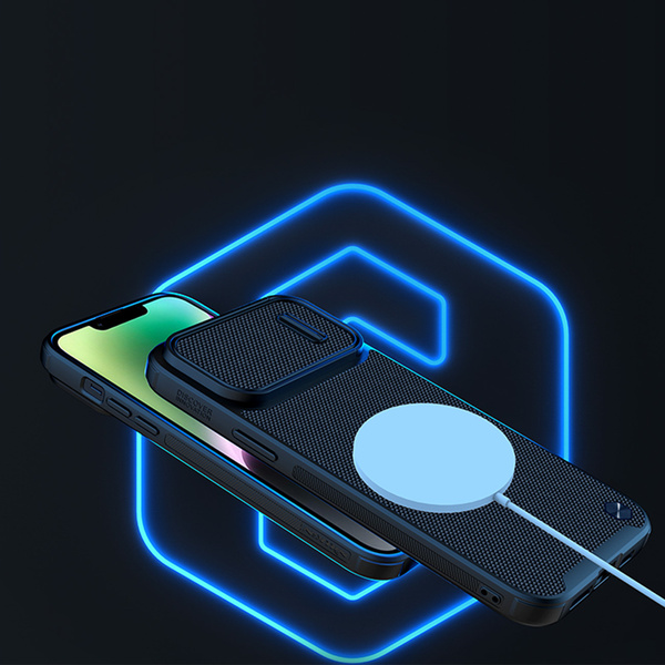 Nillkin Textured S Case für iPhone 14 Plus, gepanzerte Hülle mit Kameraabdeckung, blau