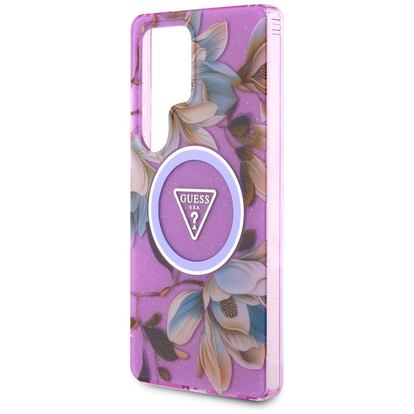 Guess Glitter Flowers Triangle Buttons MagSafe Case for Samsung Galaxy S25 Ultra purple