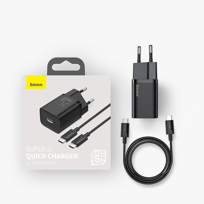 Baseus Super Si Schnellladegerät 1C 25W EU Sets Schwarz + Mini Schwarz Kabel Typ-C auf Typ-C 3A 1m (TZCCSUP-L01)
