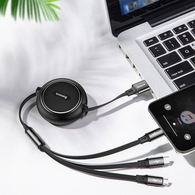 Baseus Golden Loop einziehbares 3in1 USB-Kabel - Micro-USB / Lightning / USB-C 3.5A 35cm - 120cm schwarz (CAMLT-JH01)