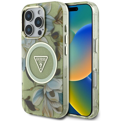 Guess Glitter Flowers Triangle Buttons MagSafe Case für iPhone 16 Pro grün