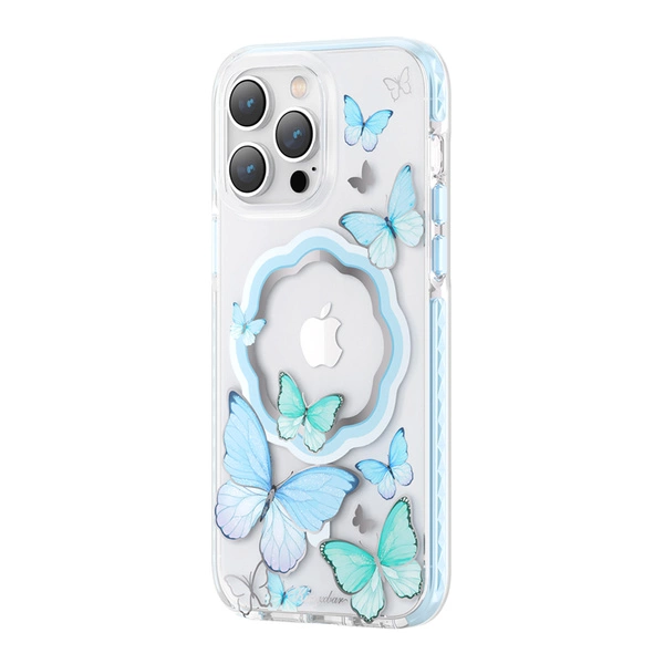 Coque magnétique Kingxbar Butterfly Series pour iPhone 14 Plus Coque MagSafe avec papillons bleu