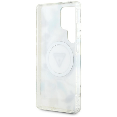 Guess Glitter Flowers Triangle Buttons MagSafe Case for Samsung Galaxy S25 Ultra white