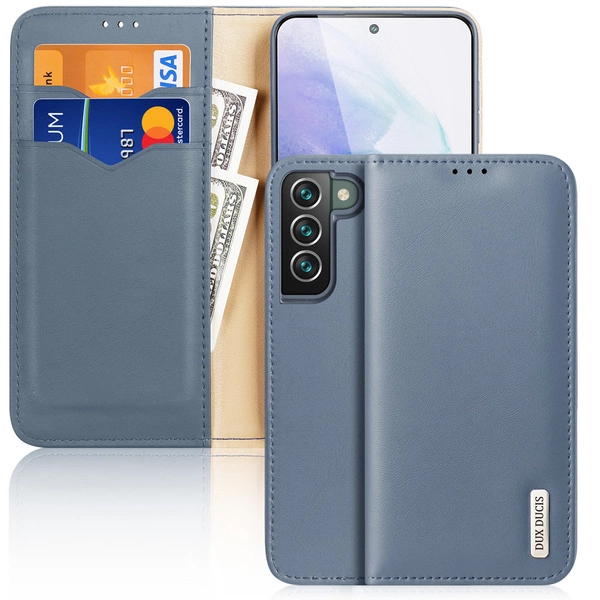 Dux Ducis Hivo Flip Cover in Pelle Portafoglio in Vera Pelle per Carte e Documenti Samsung Galaxy S22 + (S22 Plus) Blu