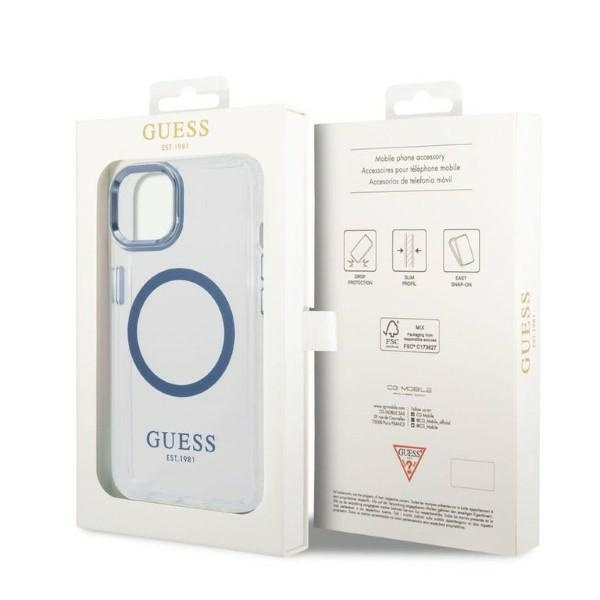 Etui Guess Metal Outline MagSafe na iPhone 14 Plus - niebieskie